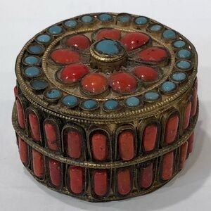 Antique  round Tibetan Asian brass trinket box, with inlaid red coral turquoise